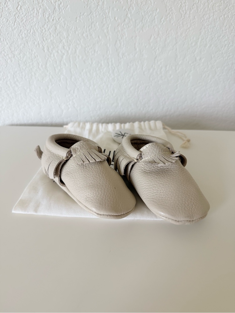 Freshly Picked Neutral Leather Fringe Baby Moccasins with Bag